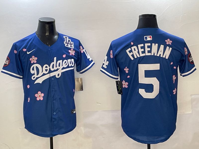 Men Los Angeles Dodgers 5 Freeman Blue Sakura Edition 2025 Nike MLB Jersey style 4